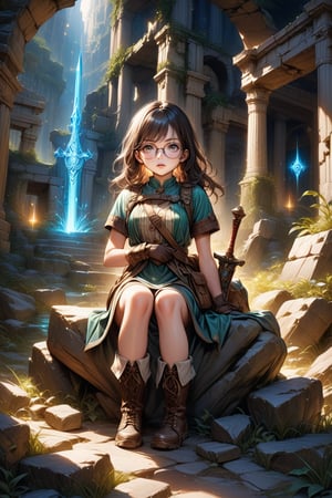 An exquisite, highly detailed, and realistic image of a beautiful glasses-wearing young woman who is a treasure hunter. She is dressed in expert adventurer attire, complete with practical yet stylish clothing, sturdy boots, and gloves. She is attempting to pull a legendary glowing magical sword embedded firmly in a large stone. The expression on her face combines intense determination and a bit of adorable frustration, conveying her effort to pull the sword out. The scene has a mix of a serious and slightly humorous atmosphere, highlighting her endearing persistence. The background has a mystical setting, surrounded by ancient ruins and glowing symbols. Soft, magical lighting enhances the atmosphere, creating a sense of wonder and adventure., best texture,complex,masterpiece,hyper realistic,Perfect lighting,ultra quality,Ultra intricate detail