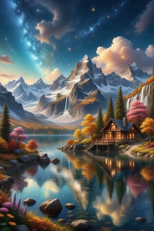 An awe-inspiring, highly detailed, and visually stunning landscape that combines realism with surreal imagination. The scene features a crystal-clear, sparkling lake, multiple waterfalls both large and small, and majestic mountains. The mountains are covered partly with autumn-colored forests and partly with snow. There is a colorful meadow with flowers in full bloom, fluffy clouds floating in the sky. The sky itself is full of bright stars, creating a warm and romantic atmosphere. No people are present. The overall details are intricate and exquisite, highly detailed with a dreamlike quality, combining realism with a touch of the supernatural, field of fireflies, best texture,complex,masterpiece,hyper realistic,Perfect lighting,ultra quality,Ultra intricate detail