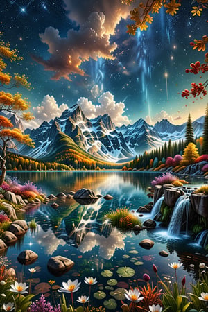 An awe-inspiring, highly detailed, and visually stunning landscape that combines realism with surreal imagination. The scene features a crystal-clear, sparkling lake, multiple waterfalls both large and small, and majestic mountains. The mountains are covered partly with autumn-colored forests and partly with snow. There is a colorful meadow with flowers in full bloom, fluffy clouds floating in the sky. The sky itself is full of bright stars, creating a warm and romantic atmosphere. No people are present. The overall details are intricate and exquisite, highly detailed with a dreamlike quality, combining realism with a touch of the supernatural, field of fireflies, best texture,complex,masterpiece,hyper realistic,Perfect lighting,ultra quality,Ultra intricate detail