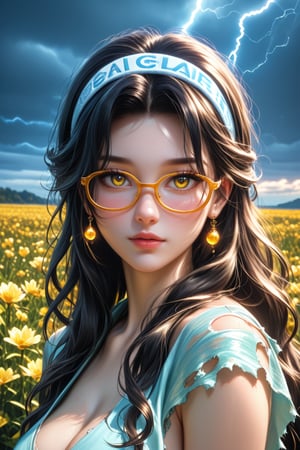 Sexy, full body(view reveals her entirely), A highly detailed and visually stunning image of a beautiful young asia girl, with a sweet and gentle face, Charming mole on her face, She has long hair,shiny black hair with a soft glow, wearing golden-rimmed glasses, Sleepy glowing eyes, a headband is a Torn bandage, She smiles softly and looks directly at the viewer, She is dressed in Torn bandage, She is painting a portrait of herself, on White sand beach on the sea shorea,bove a lightning clouds,autumn,In field of fireflies,Beautiful colorful flowers that are blooming,clear river shimmers with light, image is sharp, beautiful, and visually captivating with soft colors and a peaceful atmosphere, holographic astral cosmic illustration, best texture, Exceptionally sharp and complex,masterpiece, photorealistic, Perfect lighting, ultra hyper quality. Ultra hyper intricate detail. Majestic. fantasy. 8k resolution.