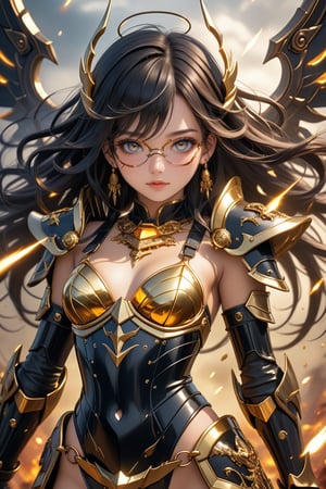 Sexy, close up, Show her half full body, A highly detailed and powerful image of At Hell, A one beautiful young asia little girl sweet face warrior with darkness hair shimmering with gold mist, wearing shining darkness hell bikini style armor, has a mecha style glasses covering her both eyes. blades flying through the air, golden aura enveloping her, Her face is detailed and the glasses is clearly visible, ultra hyper quality. Ultra hyper intricate detail. Majestic. fantasy. 8k resolution.