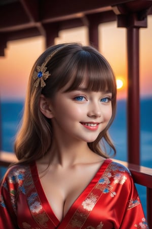 Close up, Show half her body, Only beautiful young cute Russia 9 years old girl, Her face has high definition. smiling gently. glowing blue eyes. short highlights hair with blunt bangs. wear glasses. She has extra gigantic bust, an extremely large, naturally full and round bust. She wears mini sexy kimono and red clothes. Shining cross-shaped. her pose is natural and elegant, She sitting in such a way that can clearly see her full whole body and her legs apart very voluptuous appearance. sunset mix with moonlight. on a suspension bridge. ultra hyper intricate detail.