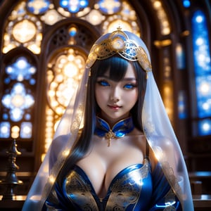 Show half her body. Mysterious and elegant personality, Beautiful young sweet face loli Japan half euro girl. smile. glowing blue cosmic eyes. highlights hair. Golden glasses. translucent nun. She praying in divine church. translucent gloves. She has extra gigantic bust. ultra hyper intricate detail. Sunset mixed night. black on white smoke layer. Dark fantasy.