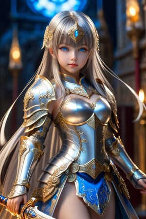 Ultra hyper intricate detail. Magnificent. Majestic. Meticulous. Beautiful young sweet face loli girl. gentle smile. glowing blue eyes. long straight glowing silver highlights hair with blunt bangs. She has extra gigantic bust. Wears Golden framed glasses over her eyes. Divine translucent golden knight full armor and red translucent cloth. She held her sword firmly in her hand and prepared to fight like an expert in combat. black on white smoke layer. Fantastic.