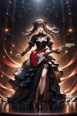 A stunning and highly detailed image of a beautiful gothic-style girl singer performing on an extravagant stage. She is dressed in a fantasy-inspired gothic outfit, singing and playing an electric guitar with passion. The stage is grand and visually powerful, featuring intricate gothic and fantasy-themed elements like dark chandeliers, elaborate backdrop designs, and dim atmospheric lighting. The overall mood is intense and vibrant, capturing the energy of a powerful music performance, with every detail appearing perfect and realistic, dynamic pose, dynamic expression, best texture,complex,masterpiece,hyper realistic,Perfect lighting,ultra quality,Ultra intricate detail