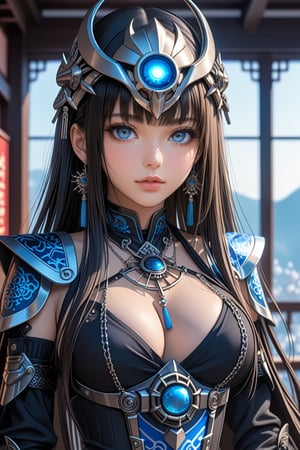 Sexy, close up, Show her half full body, A highly detailed and powerful image of A mysterious and elegant beautiful young japan with gothic aesthetic wearing a mech cosmic mask covering the upper half of her face. glowing blue eyes. long straight highlights hair with blunt bangs. She wears a black tight-fitting outfit mixed with silver chains and Holographic pattern. She sitting confidently. extra gigantic bust. In Ninja house, ultra hyper quality. Ultra hyper intricate detail. Majestic. fantasy. 8k resolution.