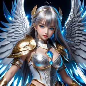 Ultra hyper intricate detail. Magnificent. Majestic. Meticulous. Beautiful young sweet face loli girl. gentle smile. glowing blue eyes. long straight glowing silver highlights hair with blunt bangs. She has extra gigantic bust. Wears Golden glasses cover her eyes. Divine golden knight mini armor and red cloth. Crystal cosmic wings. She held her sword firmly in her hand and prepared to fight like an expert in combat. black on white smoke layer. Fantasy.