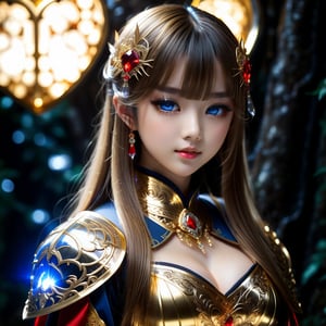 Ultra hyper intricate detail. Magnificent. Majestic. Meticulous. ln the background is divine crystal. Beautiful young sweet face japan loli girl, sad smiling. Naturally thin eyebrows. glowing sad blue eyes. long straight glowing golden highlights hair with blunt bangs. She has extra gigantic bust. Golden framed glasses. Divine translucent knight full armor and red translucent cloth. Standing sexy fight stance in a dark forest. black on white smoke layer. Divine crystal heart. With "Dark souls III" video game style.