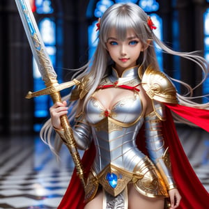 Ultra hyper intricate detail. Magnificent. Majestic. Meticulous. Beautiful young sweet face sexy loli girl. gentle smile. glowing blue eyes. long straight glowing silver highlights hair with blunt bangs. She has extra gigantic bust. Wears Golden glasses cover her eyes. Golden Divine knight mini crystal armor and with red cloth. She held her sword firmly in her hand and prepared to fight like an expert in combat.