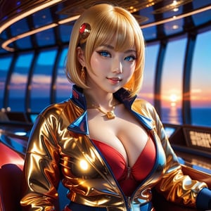 Show half her body, Only beautiful young loli japan girl, Her sweet face has high definition. smiling gently. glowing blue eyes. short straight glowing cosmic highlights golden hair with blunt bangs. wear glasses. She has extra gigantic bust, an extremely large, naturally full and round bust. She wears sci-fi jacket and sweat pants. With red clothes. Shining cross-shaped. her pose is natural and elegant, She sitting in such a way that can clearly see her full whole body and her legs apart very voluptuous appearance. sunset mix with moonlight. on a ship with large windows showing the outer view. ultra hyper intricate detail.