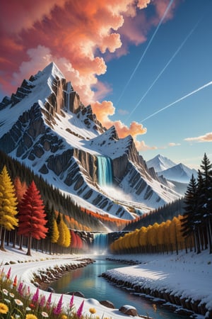 An awe-inspiring, highly detailed, and visually stunning landscape that combines realism with surreal imagination. The scene features a crystal-clear, sparkling lake, multiple waterfalls both large and small, and majestic mountains. The mountains are covered partly with autumn-colored forests and partly with snow. There is a colorful meadow with flowers in full bloom, fluffy clouds floating in the sky. The sky itself is full of bright stars, creating a warm and romantic atmosphere. No people are present. The overall details are intricate and exquisite, highly detailed with a dreamlike quality, combining realism with a touch of the supernatural, field of fireflies, best texture,complex,masterpiece,hyper realistic,Perfect lighting,ultra quality,Ultra intricate detail