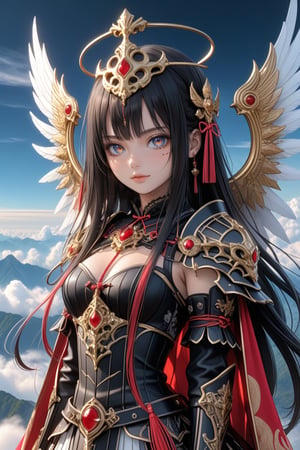 Sexy, close up, Show her half full body, A highly detailed and powerful image of A Beautiful mysterious sweet face young japan little girl with a gothic aesthetic, face has high definition. glowing eyes. long straight black hair streaked with blonde hair, blunt bangs, adorned with hair clips. Angel Mask. Wears a divine Valkyrie full armor. red shawl. She standing gracefully on Hill above the clouds, unimaginably beautiful. Fantastic, ultra hyper quality. Ultra hyper intricate detail. Majestic. fantasy. 8k resolution.