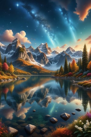 An awe-inspiring, highly detailed, and visually stunning landscape that combines realism with surreal imagination. The scene features a crystal-clear, sparkling lake, multiple waterfalls both large and small, and majestic mountains. The mountains are covered partly with autumn-colored forests and partly with snow. There is a colorful meadow with flowers in full bloom, fluffy clouds floating in the sky. The sky itself is full of bright stars, creating a warm and romantic atmosphere. No people are present. The overall details are intricate and exquisite, highly detailed with a dreamlike quality, combining realism with a touch of the supernatural, field of fireflies, best texture,complex,masterpiece,hyper realistic,Perfect lighting,ultra quality,Ultra intricate detail