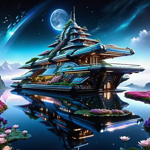 Epic, Majestic, Ultra hyper intricate detail, ultra-sharp, Fantasy, A futuristic sci-fi battleship. The battleship is located on Hill above the clouds. features a clear reflecting small pool. a garden with various flowers, waterfalls. small river and a pavilion for sitting and drinking tea prominently located in the garden. The night moonlight mixed cosmic universe.