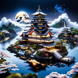 Epic, Majestic, Ultra hyper intricate detail, ultra-sharp, A Pacific Battleship Yamato is located on Hill above the clouds. features a clear reflecting small pool. a garden with various flowers, waterfalls. small river and a pavilion for sitting and drinking tea prominently located in the garden. The night moonlight mixed cosmic universe.