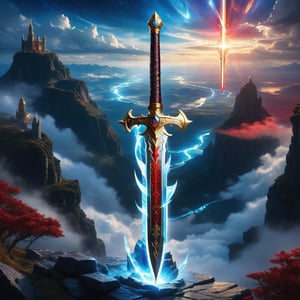 Epic, Magnificent, Majestic, Meticulous, A legendary magic knight sword. The hilt is made of gold with glowing cosmic engravings, blended with complex mechanism. The fuller of the blade is crystalline, glowing blue along with Runic alphabet. on a cliff high above the clouds. The sky mixed the universe. twinkling divine lights and holy lightning illuminating it from above. The red cloth tied to the sword's hilt blowing in the wind. Cycle of the twelve zodiac signs. ultra hyper iridescent, ultra hyper luminescent, ultra hyper intricate detail. steampunk engine. 