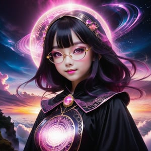 A black-pink witch is mysterious and elegant beautiful young loli japan sweet face with gothic aesthetic, Her face has high definition. glowing cosmic eyes. Hair covering on one her eye, straight highlights hair. Golden glasses. Smiling gently. She has extra gigantic bust. She practicing spells on the cliff above the clouds. black on white smoke layer. The sunset mixed the night seen universe. Divine lightning. ultra hyper intricate detail.