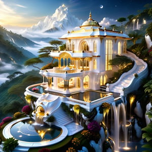 Epic, Ultra hyper intricate detail, ultra-sharp, Fantasy, Heavenly A luxurious white marble and glowing gold house. The house is located on Hill above the clouds. features a clear reflecting small pool. a garden with various flowers, waterfalls. small river and a pavilion for sitting and drinking tea prominently located in the garden. The night moonlight mixed cosmic universe.