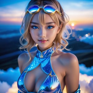 Close up. Mysterious and elegant personality, Beautiful young sweet face loli Japan half euro girl. smile. glowing blue cosmic eyes. highlights hair. Golden glasses. translucent fashion swimsuit. She is standing sexy on hill above the clouds. translucent gloves. She has extra gigantic bust. ultra hyper intricate detail. Sunset mixed night.