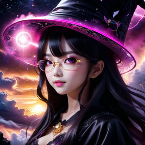 A black-pink witch is mysterious and elegant beautiful young loli japan sweet face with gothic aesthetic, Her face has high definition. glowing cosmic eyes. Hair covering on one her eye, straight highlights hair. golden glasses. Smiling gently. She has extra gigantic bust. She practicing spells on the cliff above the clouds. black on white smoke layer. The sunset mixed the night seen universe. Divine lightning. ultra hyper intricate detail.