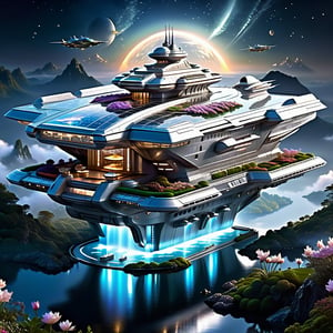 Epic, Majestic, Ultra hyper intricate detail, ultra-sharp, Fantasy, A futuristic sci-fi glowing silver aircraft carrier. The aircraft carrier is located on Hill above the clouds. features a clear reflecting small pool. a garden with various flowers, waterfalls. small river and a pavilion for sitting and drinking tea prominently located in the garden. The night moonlight mixed cosmic universe.