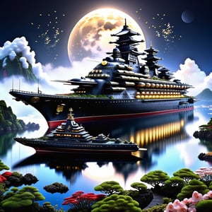 Epic, Majestic, Ultra hyper intricate detail, ultra-sharp, A Pacific Battleship Yamato. The Pacific Battleship Yamato is located on Hill above the clouds. features a clear reflecting small pool. a garden with various flowers, waterfalls. small river and a pavilion for sitting and drinking tea prominently located in the garden. The night moonlight mixed cosmic universe.