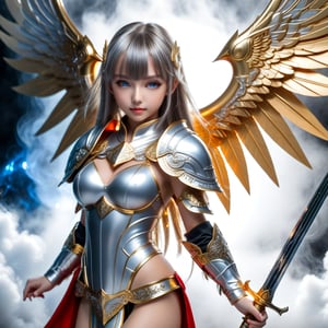 Ultra hyper intricate detail. Magnificent. Majestic. Meticulous. Beautiful young sweet face sexy loli girl. gentle smile. glowing blue eyes. long straight glowing silver highlights hair with blunt bangs. She has extra gigantic bust. Wears Golden glasses cover her eyes. Golden Divine knight mini armor and with red cloth. Crystal angle wings. She held her sword firmly in her hand and prepared to fight like an expert in combat. black on white smoke layer. Fantasy.