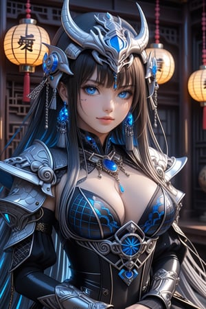 Sexy, close up, Show her half full body, A highly detailed and powerful image of A mysterious and elegant beautiful young japan with gothic aesthetic wearing a mech cosmic mask covering the upper half of her face. glowing blue eyes. long straight highlights hair with blunt bangs. She wears a black tight-fitting outfit mixed with silver chains and Holographic pattern. She sitting confidently. extra gigantic bust. In Ninja house, ultra hyper quality. Ultra hyper intricate detail. Majestic. fantasy. 8k resolution.