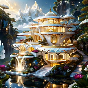 Epic, Ultra hyper intricate detail, ultra-sharp, Fantasy, A futuristic white marble and glowing golden house. The house is located on Hill above the clouds. features a clear reflecting small pool. a garden with various flowers, waterfalls. small river and a pavilion for sitting and drinking tea prominently located in the garden. The night moonlight mixed cosmic universe.