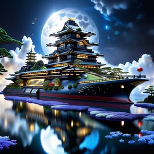 Epic, Majestic, Ultra hyper intricate detail, ultra-sharp, Fantasy, A Pacific Battleship Yamato. The Pacific Battleship Yamato is located on Hill above the clouds. features a clear reflecting small pool. a garden with various flowers, waterfalls. small river and a pavilion for sitting and drinking tea prominently located in the garden. The night moonlight mixed cosmic universe.