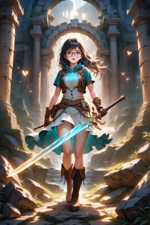 An exquisite, highly detailed, and realistic image of a beautiful glasses-wearing young woman who is a treasure hunter. She is dressed in expert adventurer attire, complete with practical yet stylish clothing, sturdy boots, and gloves. She is attempting to pull a legendary glowing magical sword embedded firmly in a large stone. The expression on her face combines intense determination and a bit of adorable frustration, conveying her effort to pull the sword out. The scene has a mix of a serious and slightly humorous atmosphere, highlighting her endearing persistence. The background has a mystical setting, surrounded by ancient ruins and glowing symbols. Soft, magical lighting enhances the atmosphere, creating a sense of wonder and adventure., best texture,complex,masterpiece,hyper realistic,Perfect lighting,ultra quality,Ultra intricate detail