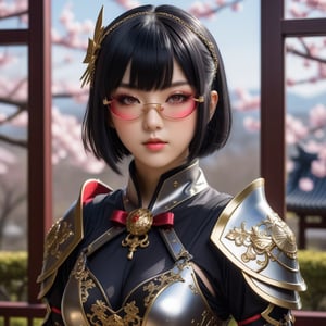 Close up. Show half full her body. A mysterious and elegant beautiful young loli japan with gothic aesthetic. mecha mask. red glasses. glowing eyes. Hime cut short straight black hair streaked with bright blonde hair with blunt bangs. She wears a divine knight armor mixed with silver chains and golden pattern. black shawl. She standing with her arms folded gracefully and confidently. She has an extremely large, naturally full and round bust. In Ninja houseand a large window showing cherry trees in bloom. with high-definition detail and accuracy. perfect anatomy. ultra hyper quality. ultra hyper intricate detail. fantastic. photorealistic.