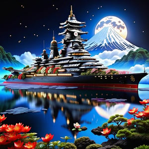 Epic, Majestic, Ultra hyper intricate detail, ultra-sharp, A Pacific Battleship Yamato. The Pacific Battleship Yamato is located on Hill above the clouds. features a clear reflecting small pool. a garden with various flowers, waterfalls. small river and a pavilion for sitting and drinking tea prominently located in the garden. The night moonlight mixed cosmic universe.