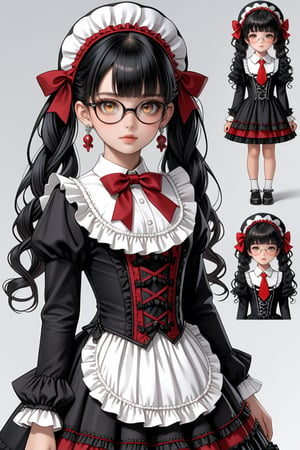 Sexy, A highly detailed and powerful image of  1 glasses sweet face Japan gothic little girl, celestia ludenberg hair style, twink body, freckles face, dress , red eyes , kawaii , celestia ludenberg clothes,celestia_ludenberg , long hair, twintails,twin drills, bonnet, lolita fashion,gothic lolita, necktie, frills,earrings, claw ring, nail polish,long sleeves, jacket, red necktie,black jacket, shirt,(CharacterSheet:1),(multiple views, full body, upper body, reference sheet:1), extremely large naturally full and round bust, ultra hyper quality. Ultra hyper intricate detail. Majestic. fantasy. 8k resolution.