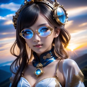 Close up her half body. Mysterious and elegant personality, Beautiful young sweet face loli Japan half euro girl. smile. glowing blue cosmic eyes. highlights hair. Golden glasses. translucent nun. She praying on hill above the clouds. translucent gloves. She has extra gigantic bust. ultra hyper intricate detail. Sunset mixed night. black on white smoke layer. steampunk engine.