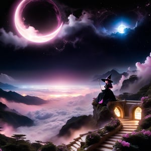 A black-pink witch is mysterious and elegant beautiful young loli japan sweet face with gothic aesthetic, Her face has high definition. glowing cosmic eyes. Hair covering eyes. Golden glasses. Smiling gently. She has extra gigantic bust, an extremely large, naturally full and round bust. She practicing spells on the cliff above the clouds. black on white smoke layer. The sunset mixed the night seen universe. Divine lightning. ultra hyper intricate detail.