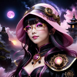 A black-pink witch is beautiful young japan sweet face with gothic aesthetic, Her face has high definition. glowing cosmic eyes. Hair covering on one her eye, straight highlights with blunt bangs. golden glasses. Smiling gently. She has extra gigantic bust. She practicing spells on the cliff above the clouds. black on white smoke layer. The sunset mixed the night seen universe. Divine lightning. ultra hyper intricate detail. steampunk engine.