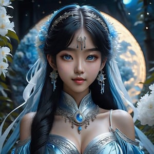 Close up. The sky mixed the universe and has a full moon. Only beautiful sweet face young japan with a gothic aesthetic, Her face has high definition. Wear glasses. She was smiling charmingly and her canine teeth were visible. She has long straight black hair with blunt bangs, adorned with silver hair clips. glowing blue eyes. wore a high realistic Majestic robe long skirt that was intricately woven with a white emblem and decorated with light blue ribbons. She has a powerful aura. her pose is natural and elegant, She has an extremely large, naturally full and round bust. In the garden where the most beautiful flowers in the world gather., ultra hyper iridescent, ultra hyper luminescent, ultra hyper intricate detail.