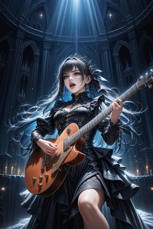 A stunning and highly detailed image of a beautiful gothic-style girl singer performing on an extravagant stage. She is dressed in a fantasy-inspired gothic outfit, singing and playing an electric guitar with passion. The stage is grand and visually powerful, featuring intricate gothic and fantasy-themed elements like dark chandeliers, elaborate backdrop designs, and dim atmospheric lighting. The overall mood is intense and vibrant, capturing the energy of a powerful music performance, with every detail appearing perfect and realistic, dynamic pose, dynamic expression, best texture,complex,masterpiece,hyper realistic,Perfect lighting,ultra quality,Ultra intricate detail