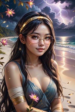 Sexy, full body(view reveals her entirely), A highly detailed and visually stunning image of a beautiful young asia girl, with a sweet and gentle face, Charming mole on her face, She has long hair,shiny black hair with a soft glow, wearing golden-rimmed glasses, Sleepy glowing eyes, a headband is a Torn bandage, She smiles softly and looks directly at the viewer, She is dressed in Torn bandage, She is painting a portrait of herself, on White sand beach on the sea shorea,bove a lightning clouds,autumn,In field of fireflies,Beautiful colorful flowers that are blooming,clear river shimmers with light, image is sharp, beautiful, and visually captivating with soft colors and a peaceful atmosphere, holographic astral cosmic illustration, best texture, Exceptionally sharp and complex,masterpiece, photorealistic, Perfect lighting, ultra hyper quality. Ultra hyper intricate detail. Majestic. fantasy. 8k resolution.