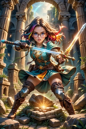 An exquisite, highly detailed, and realistic image of a beautiful glasses-wearing young girl who is a treasure hunter. glowing hair streaked with bright multicolored hair. She is dressed in expert adventurer attire, complete with practical yet stylish clothing, sturdy boots, and gloves. She is attempting to pull a legendary glowing magical sword embedded firmly in a large stone. The expression on her face combines intense determination and a bit of adorable frustration, conveying her effort to pull the sword out. The scene has a mix of a serious and slightly humorous atmosphere, highlighting her endearing persistence. The background has a mystical setting, surrounded by ancient ruins and glowing symbols. Soft, magical lighting enhances the atmosphere, creating a sense of wonder and adventure, dynamic pose, dynamic expression, best texture,complex,masterpiece,hyper realistic,Perfect lighting,ultra quality,Ultra intricate detail