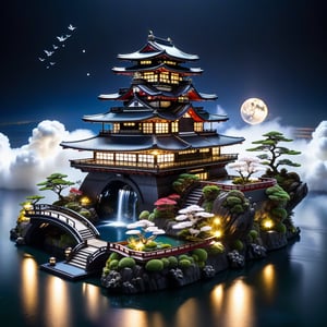 Epic, Majestic, Ultra hyper intricate detail, ultra-sharp, A Pacific Battleship Yamato is located on Hill above the clouds. features a clear reflecting small pool. a garden with various flowers, waterfalls. small river and a pavilion for sitting and drinking tea prominently located in the garden. The night moonlight mixed cosmic universe.