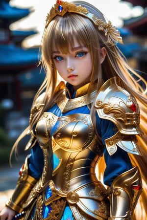 Ultra hyper intricate detail. Magnificent. Majestic. Meticulous. Beautiful young sweet face japan loli girl, Naturally thin eyebrows. glowing sad blue eyes. long straight glowing golden highlights hair with blunt bangs. She has extra gigantic bust. Wears Golden framed glasses. Divine translucent knight full armor and red translucent cloth. She held her sword firmly in her hand and prepared to fight like an expert in combat. black on white smoke layer. Fantastic.