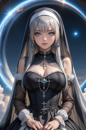 Sexy, close up, Show her half full body, A highly detailed and powerful image of Epic Masterpiece 
Magnificent Majestic Meticulous, she is a holy nun, Only beautiful sweet face young japan with a gothic aesthetic, smiling gently, glowing blue eyes, long straight Platinum hair with blunt bangs, adorned with silver hair clips, Wear a mini Victorian dress by translucent glass reflects the moonlight, sitting gracefully in front of a cosmic black hole, extra big bust, ultra hyper quality. Ultra hyper intricate detail. Majestic. fantasy. 8k resolution.