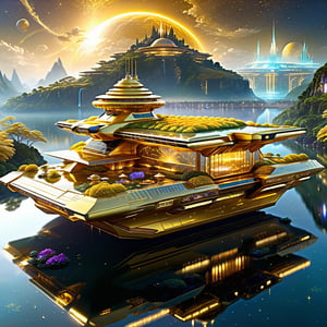 Epic, Majestic, Ultra hyper intricate detail, ultra-sharp, Fantasy, A futuristic sci-fi glowing golden aircraft carrier. The aircraft carrier is located on Hill above the clouds. features a clear reflecting small pool. a garden with various flowers, waterfalls. small river and a pavilion for sitting and drinking tea prominently located in the garden. The night moonlight mixed cosmic universe.