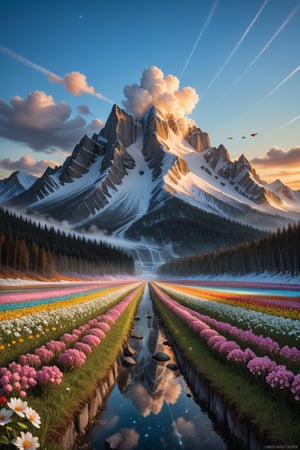 An awe-inspiring, highly detailed, and visually stunning landscape that combines realism with surreal imagination. The scene features a crystal-clear, sparkling lake, multiple waterfalls both large and small, and majestic mountains. The mountains are covered partly with autumn-colored forests and partly with snow. There is a colorful meadow with flowers in full bloom, fluffy clouds floating in the sky. The sky itself is full of bright stars, creating a warm and romantic atmosphere. No people are present. The overall details are intricate and exquisite, highly detailed with a dreamlike quality, combining realism with a touch of the supernatural, field of fireflies, best texture,complex,masterpiece,hyper realistic,Perfect lighting,ultra quality,Ultra intricate detail