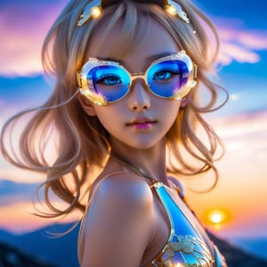 Close up. Mysterious and elegant personality, Beautiful young sweet face loli Japan half euro girl. smile. glowing blue cosmic eyes. highlights hair. Golden mech glasses. translucent fashion swimsuit. She is standing sexy on hill above the clouds. translucent gloves. She has extra gigantic bust. ultra hyper intricate detail. Sunset mixed night.