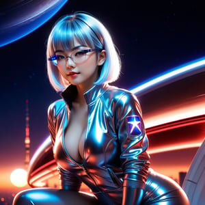 Show half her body, Only beautiful young loli japan girl, Her sweet face has high definition. smiling gently. glowing blue eyes. short straight glowing black highlights silver hair with blunt bangs. wear glasses. She has extra gigantic bust, an extremely large, naturally full and round bust. She wears cyberpunk jacket and sweat pants. With red clothes. Shining cross-shaped. her pose is natural and elegant, She sitting in such a way that can clearly see her full whole body and her legs apart very voluptuous appearance. sunset mix with moonlight. on a spaceship with large windows showing the outer space view. ultra hyper intricate detail.