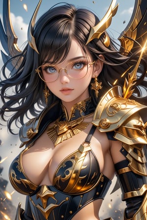 Sexy, close up, Show her half full body, A highly detailed and powerful image of At Hell, A one beautiful young asia sweet face warrior with darkness hair shimmering with gold mist, wearing shining darkness hell bikini style armor, has a mecha style glasses covering her both eyes. blades flying through the air, golden aura enveloping her, Her face is detailed and the glasses is clearly visible. Big prominently rounded and fuller giant bust, ultra hyper quality. Ultra hyper intricate detail. Majestic. fantasy. 8k resolution.