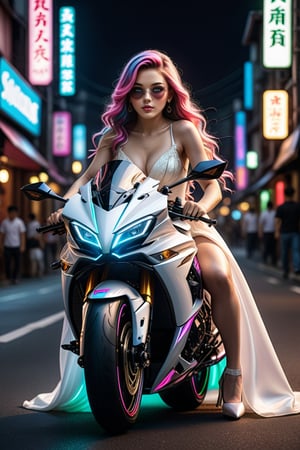 Sexy, A highly detailed and powerful image of a princess sweet face Japan gothic little girl in bridal long dress,white and pink colored,neon light lines glowing,exquisite face,She is very badass,Smiling sarcastically,soft shiny skin,rainbow hair blowing, golden eyes, sunglasses, riding a motor cycle,kawasaki ninja h2r at high speed, moonlight city street backdrop, dynamic pose, focused expression,realistic,detailed,masterpiece,best quality,sharp focus,high contrast,rule of thirds,depth of perspective,trending on artstation,chiaroscuro lighting, ek_ph0t0_b00ster,ek_art_b00ster,beauy_ks01, masterpiece, photorealistic, Perfect lighting, ultra hyper quality. Ultra hyper intricate detail. Majestic. fantasy. 8k resolution.